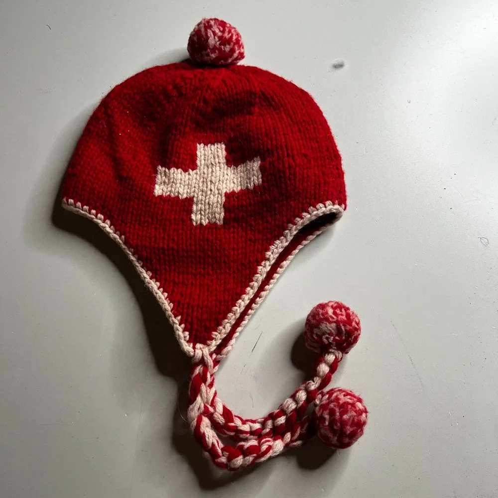 Red‎ Wool Knit Earflap Hat Swiss Cross Pom Pom Winter Beanie Vintage